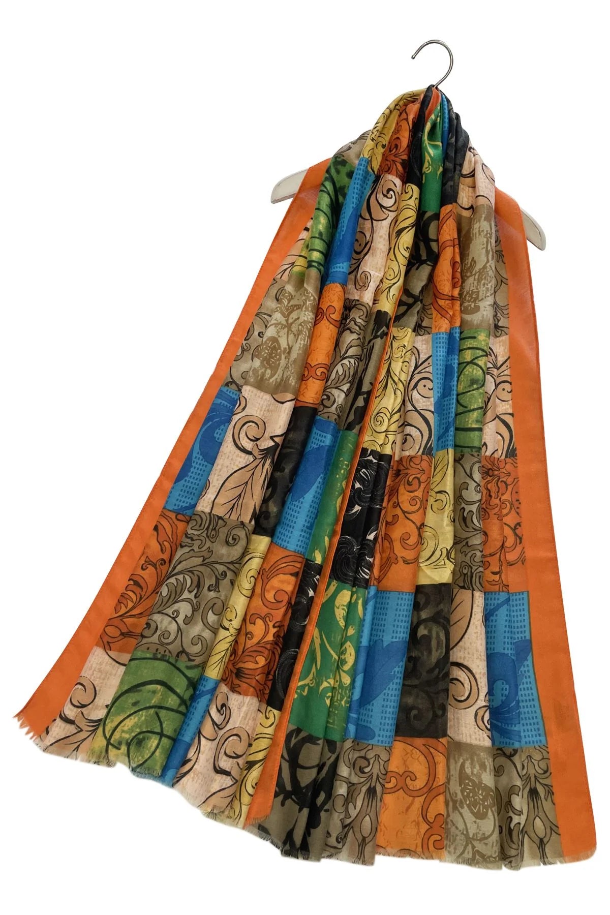 Colourful Floral Patchwork Print Frayed Scarf