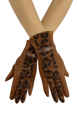 Tan Suede Effect Leopard Print Gloves