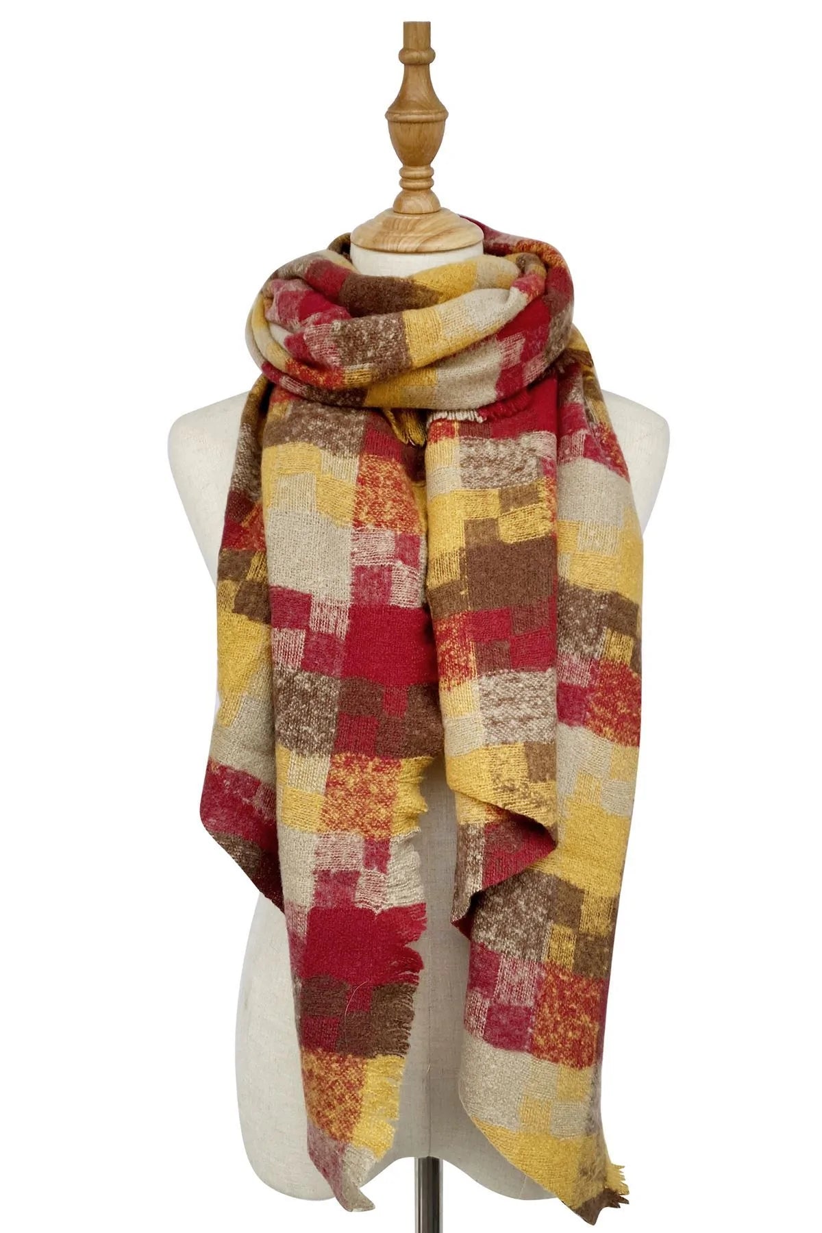 Woven Check Boucle Frayed Scarf in Red And Mustard