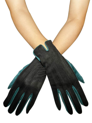 Black and teal ladies faux suede gloves
