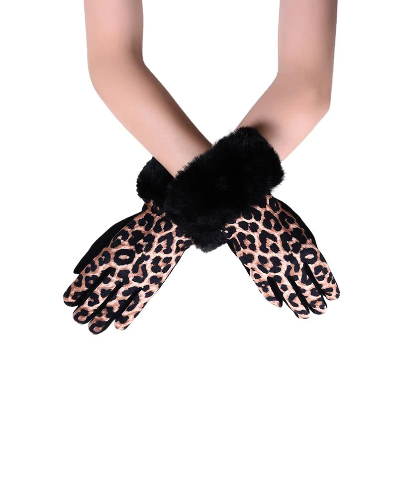 Leopard Print With Faux Fur Trim Gloves