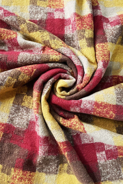 Woven Check Boucle Frayed Scarf in Red And Mustard